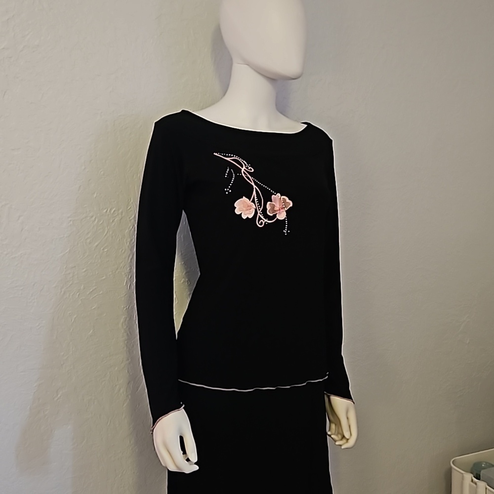 DRESSBARN Coquette Black Pink Floral Long Sleeve Boat Neck Blouse - Picture 2 of 7